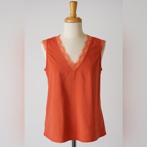 Elegant Coral V-Neck Lace Trim Tank Top